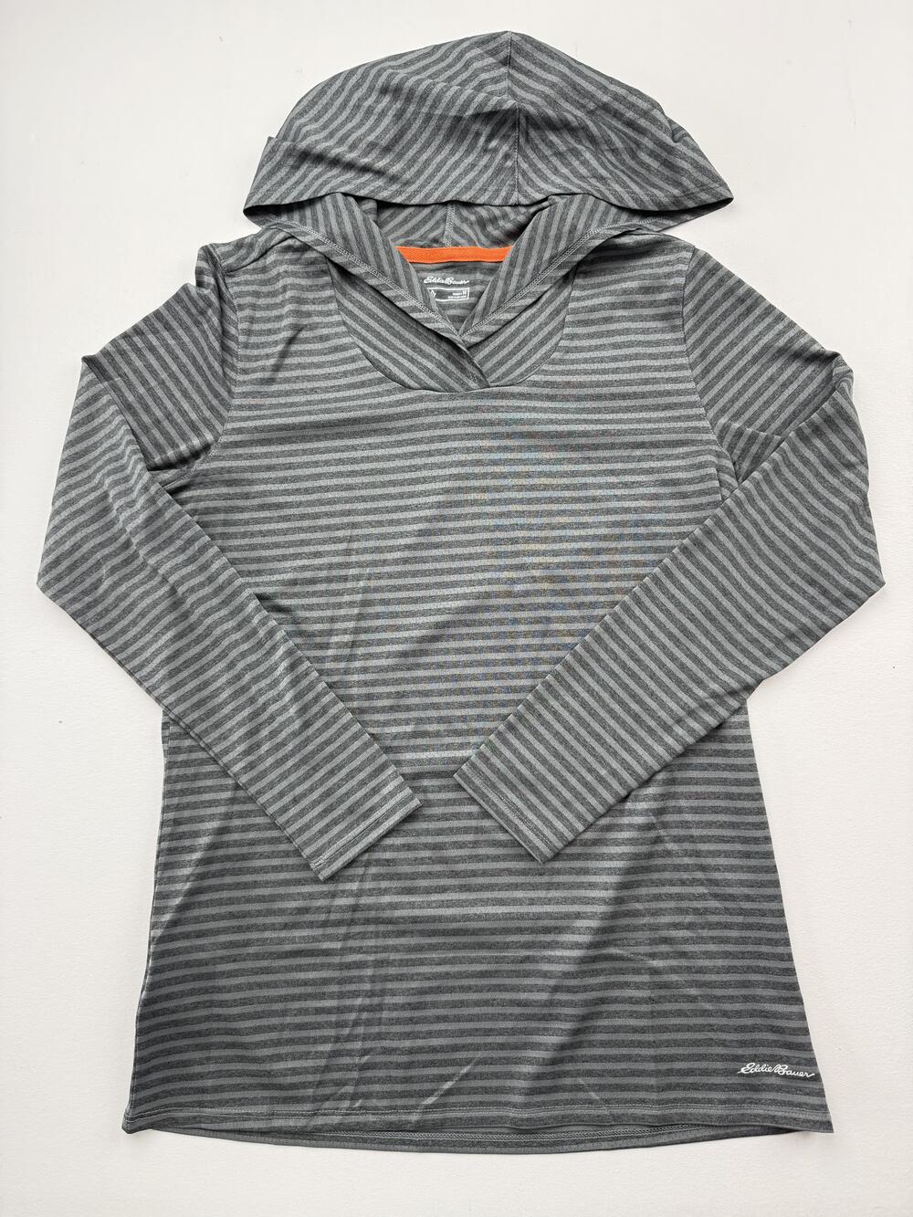 Eddie Bauer Hoodie Womens Medium Gray Stripe V Neck Long Sleeve Jersey Tunic Top